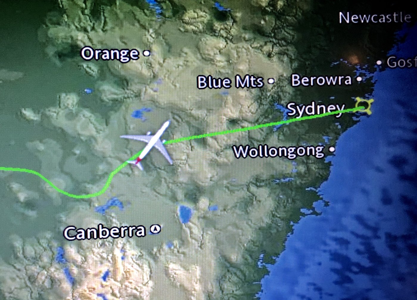 In-flight route map approaching Sydney